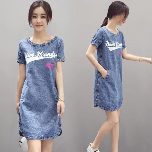 New Fashion 2021 Summer Denim Female Dress Korean Thin Short Sleeve Cotton Letter Print Button Plus Size Casual Women Dresses