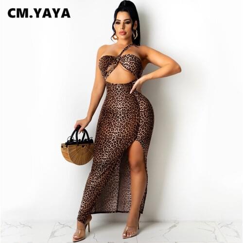 CM.YAYA Women Long Dress Leopard Sleeveless Strap One Shoulder Splited Skinny Maxi Dresses Sexy Night Club Party Vestidos Summer
