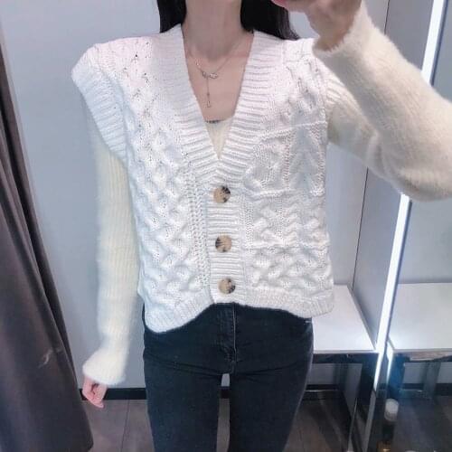 XEASY Womens Spring V-neck Loose Eight-strand Knitted Vests Vest Female Fashion Top White Single Breasted Sleeveless Short Vest