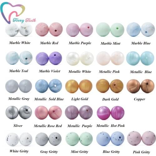 100 PCS 12-15 MM Metallic & Marble Mix Round Silicone Beads Baby Chewable Teething Toys Accessories DIY Necklace Jewelry Making
