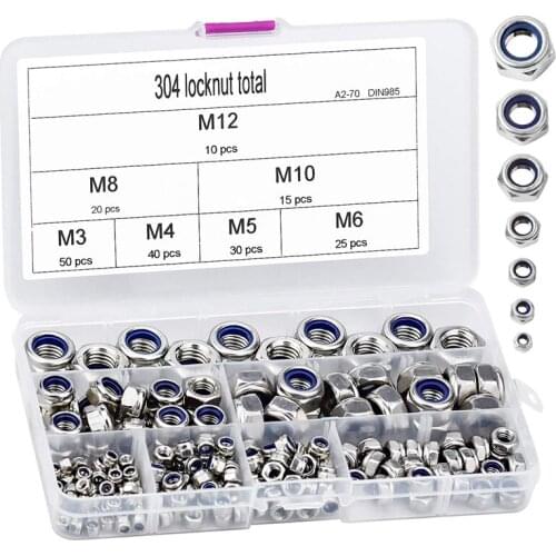 190 Pcs Hex Lock Nut Nylon Insert Nuts Set Size M3 M4 M5 M6 M8 M10 M12 Stainless Steel Nylon-Insert Hex Nut Retail