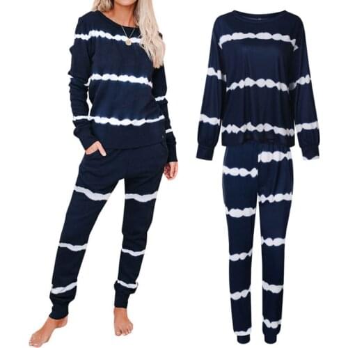 2 Pcs/Set Women Pajamas Suit Casual Stripe Long Sleeve Pullover Tops Long Pants Sleepwear Loose Home Loungewear
