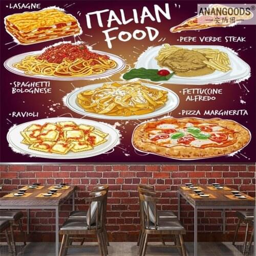 Custom Popular Italian Food Wall Paper 3D Lasagne Spaghetti Bolognese Pepe Verde Steak Pizza Mural Restaurant Decor Wallpaper 3D