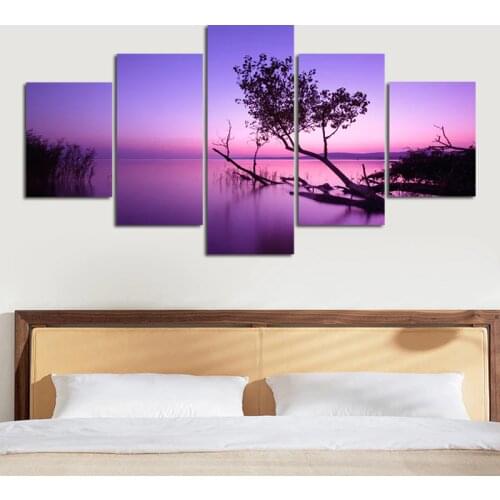 5 Piece Wall Painting Canvas Tree in Sunset Lake Purple Decorative Art Painting for Living Room Wall Decor