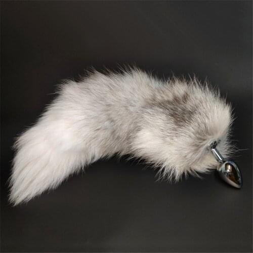 Anal Plug With Real Cross Fox Tails Metal Butt Plug Couple Sex Toys Erotic Cosplay Gray white Tail 3 size for choice