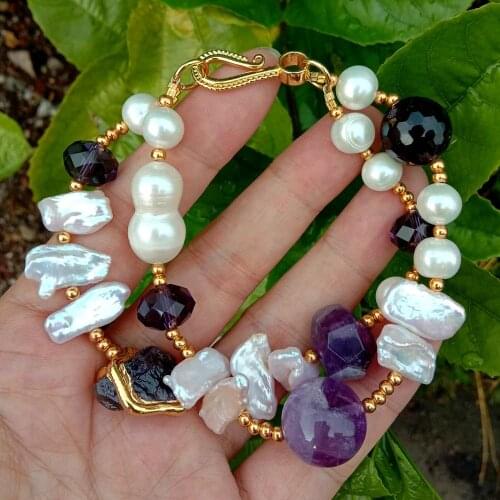 YYGEM 2Strands natural Amethyst Cultured White freshwater Pearl Crystal Bracelet 8.5"