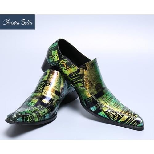 Christia Bella Fashion Pattern Printing Genuine Leather Men Business Shoes Plus Size Slip on Square Toe Formal Dress Shoes