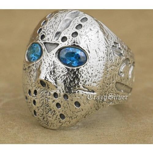 Halloween Jason 925 Sterling Silver Blue CZ Eyes Biker Ring 9D205 US Size 7~15