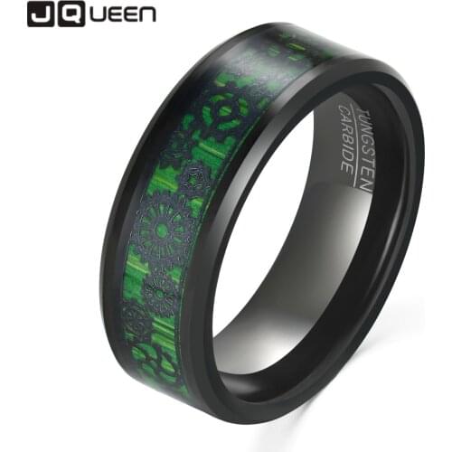 JQUEEN 8mm Electric Black Inlaid with Green Carbon Fiber and Gear Pattern Tungsten Steel Ring Men Wedding Jewellery