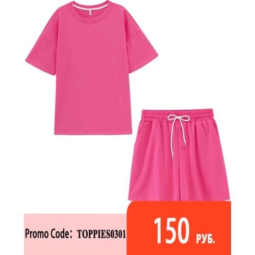 Toppies Summer Tracksuits Womens Two Peices Set Leisure Outfits Cotton Oversized T-shirts High Waist Shorts Candy Color Clothing