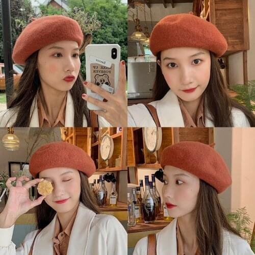 Fashion Solid Color Women Girls Beanie Artist Vintage Caps Wool Warm Winter Berets Korean Style Lady Retro Plain Hats Caps