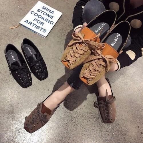2020 new front Lace-up breathable low-heeled flat shoes shallow mouth female casual square head Loafers shoes O5-70