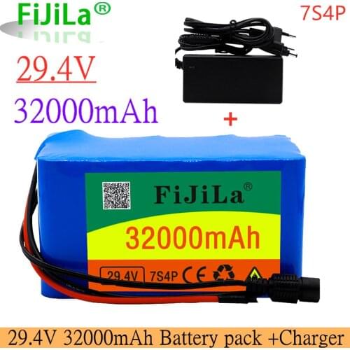 New 24V 7S4P 32000mAh high power 32AH 18650 Lithium Battery pack with BMS 29.4V Electric bicycle electric car + 2A Charger