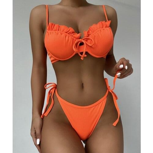 Sexy Bra underwire Bikinis Ruffle Swimsuit Women Solid Color Lace Swimwear Push Up Bikini set 2021 New Summer Swim Bathing Suits
