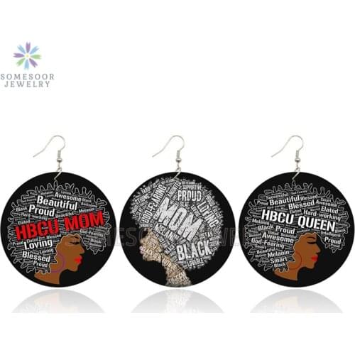 SOMESOOR Both Sides Printing HBCU MOM QUEEN AFRO Wooden Drop Earrings Proud Black Sayings African Wood Jewelry For Women Gifts