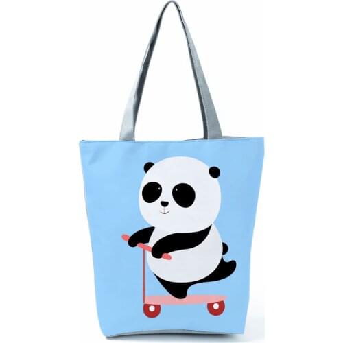 Skateboard Panda Printed Blue Shoulder Bag Cute Animal Handbags Casual Womens Bag Eco Portable Tote High Capacity Shopping Bag