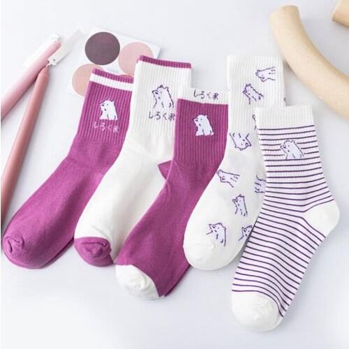 Yishine 10 Pairs Fashion Women Cotton Socks Female Middle Tube Art Casual Cute Purple Bear Socks for Girls