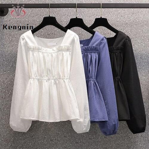New 2021 Autumn Womens Shirts Square Collar Cute Tops Long Puff Sleeve Female Blouse Office Lady Work Simple Blause KE1709