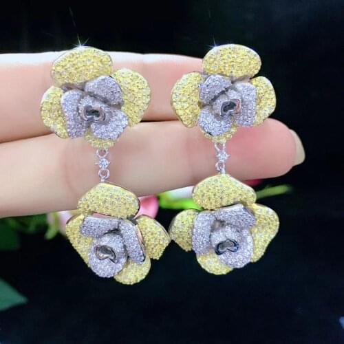 Doulbe rose flowers drop earring yellow color 925 sterling silver with cubic zircon cute romantic fine women jewelry