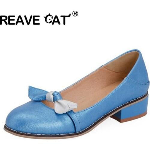 REAVE CAT New 2021 Women Pumps Round Toe 3.5cm Block Heels Slip-On Bowtie Soft Comfy Student Big Size 30-48 Casual Blue A3914