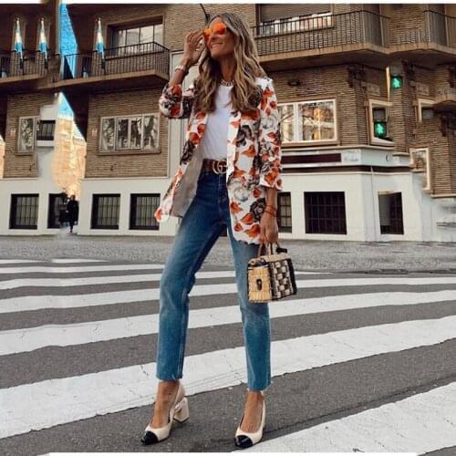 Flowers Irregular Print Womens Blazer Vintage Jacket Plus Size Elegant Lady Coat Spring Autumn New Fashion Streetwear Usa Style