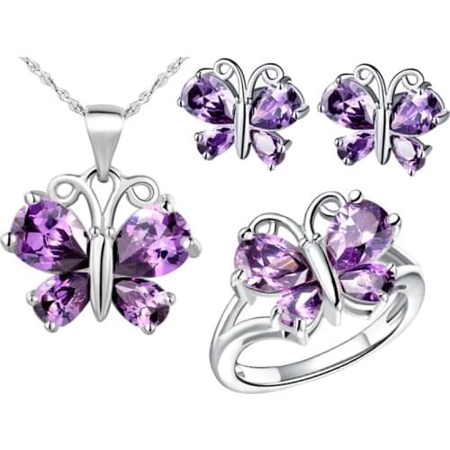 FDLK Cute Butterfly Design Purple Crystal Zinc Alloy Pendant Necklace Earrings Ring Jewelry Set Women Wedding Party Gifts