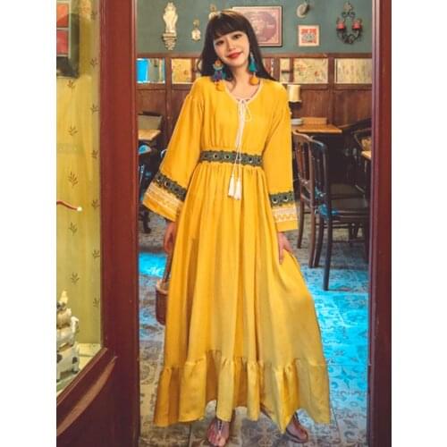 Summer New Style Bohemia Travel Vacation Beach Dress Rural Girl Ethnic Wind Heavy Embroidery Loose v Collar Tassel Long Dress