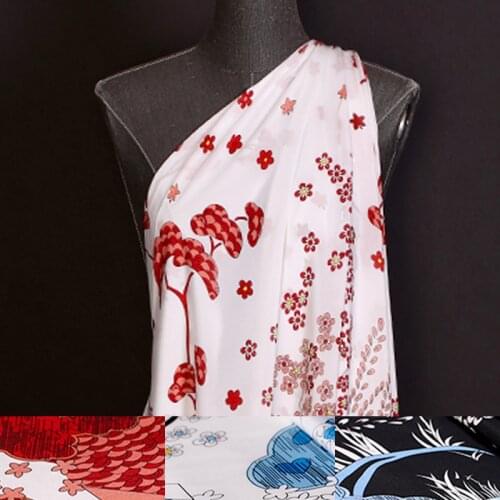 140CM 14MM Floral Print Red Blue Black Silk Crepe De Chine Fabric for Summer Dress Blouse Skirt Shirt Pants E1420