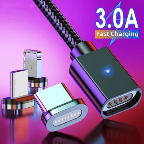 1M/2M 3A Magnetic Charger Wire Micro USB Type C Cable Fast Charging USB C Phone Magnetic Charging For iPhone Samsung Huawei Cord