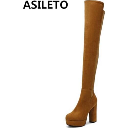 ASILETO Winter Elastic Slim Women Over Knee High Boots Platform Block High Heel Ladies Zip Suede Round Toe Womens Boots S2353