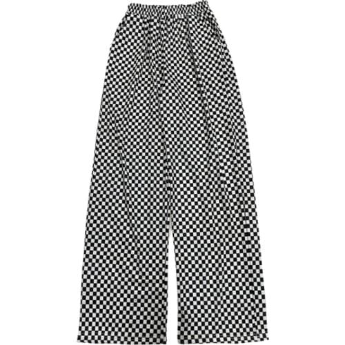 New Autumn Pants Women Trousers Female Harajuku Checkerboard Loose Elastic Waist Wide Legs Straight Black And White Grid