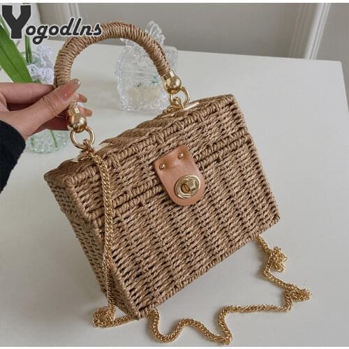 Design Brand Tote Handbags Women Rattan Straw Crossbody Bags Fashion Chain Travel Shoulder Bag Female Beach Retro Box Weave Bags