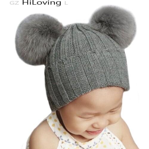 GZHiLOVINGL Autumn Winter Beanie Hat For Baby Girls Boys Kids Fox Fur Pompom Knitted Hats Soft Kids Girls Real Fur Pom pom Cap