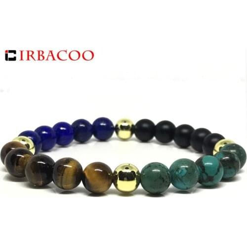 IRBACOO 2020 Trendy Luxury Mens Wristband with Tiger Eye|Matte Onyx| Lapis |Phoenix Stone Beaded Bracelets For Men