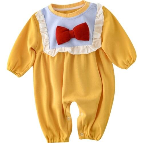 2021 Spring Baby Girls Romper Orange Yellow Big Bow Long Sleeve Ruffled Collar Infant Girls Romper 0-24M Newborn Bodysuit Outfit