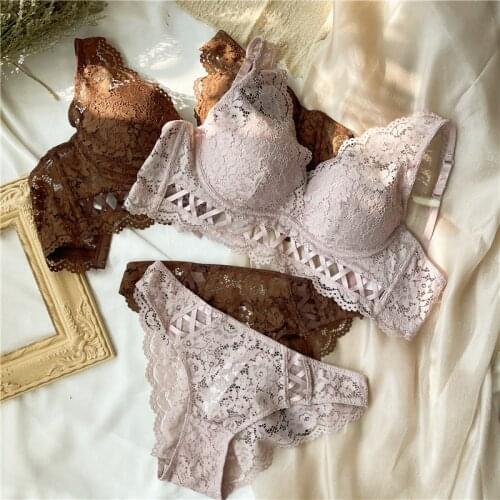 2021 New Floral Cross Hollow Out Brassiere Lace Bra And Panty Set Pink Brown Underwear Women Lingerie Deep V Neck New Arrival