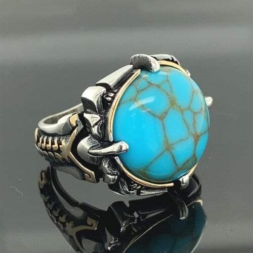 Round Turquoise Ring , Men Turkısh Handmade Turquoise Ring , Round Gemstone Ring , 925k Sterling Silver Ring , Gift For Him