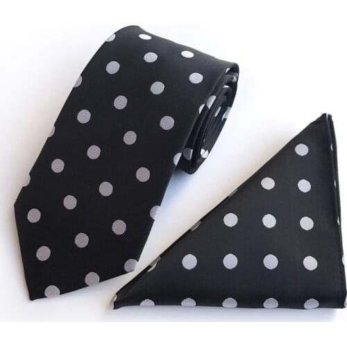 Black with White Classic Dots Ties Set with Woven Pocket Square