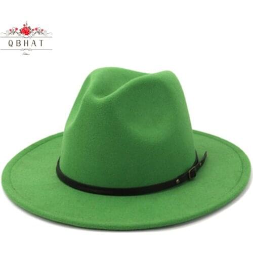 QBHAT women men British Retro Jazz Felt Hat wide brim Faux Wool Fedora Hats with belt buckle Trilby Panama green hat