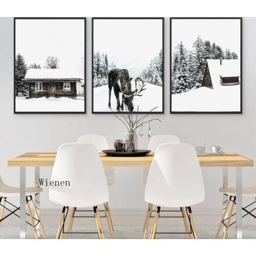 Christmas Wall Art Canvas Poster Winter Forest Moose Print Snow Trees Forest Painting Winter Photography Picture Home Room Decor
