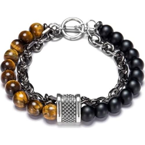 Unique Design Natural Tiger Eye Stone Beaded Men Bracelet Top homme Stainless Steel Link Chain Bracelets Male Gifts Dropshipping
