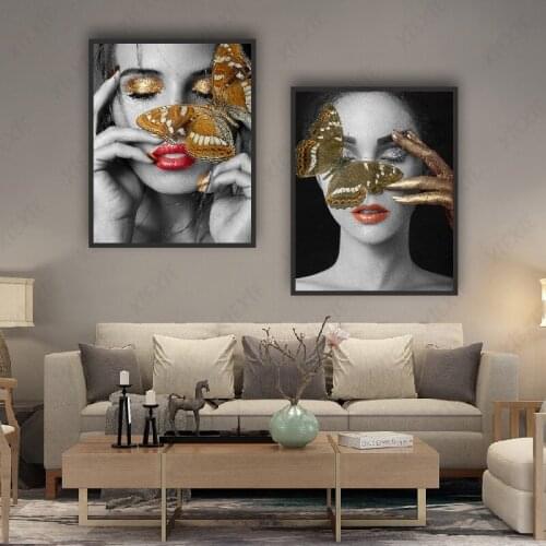 Gorgeous Beautiful Woman Red Lips Golden Butterfly Mask Abstract Posters Prints Canvas Painting Living Room Corridor Decoration