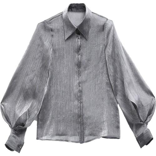 PERHAPS U Women High Street Turn Down Collar Puff Sleeve Long Sleeve Silver Shirt B0168