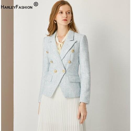 HarleyFashion Women Autumn Winter Warm Weave Tweed Blazer Plaid Pattern High Quality Casual Slim Fitness Light Blue Jackets