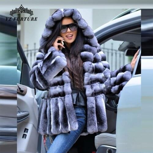 2021 Winter Women Hood Coat Warm Luxury Fur Collar Slim Natural Casual Rex Rabbit Fur Garb Vertical Lines On Hem Design Outwear