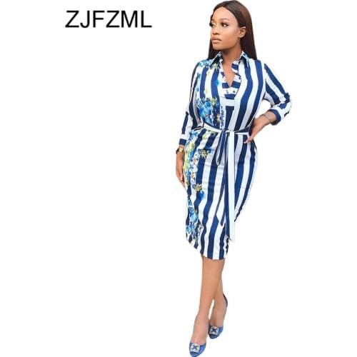 Blue White Striped Floral Print Shirt Dress Women Turn Down Collar Long Sleeve Pencil Dresses Office Lady Button Up Sashes Dress