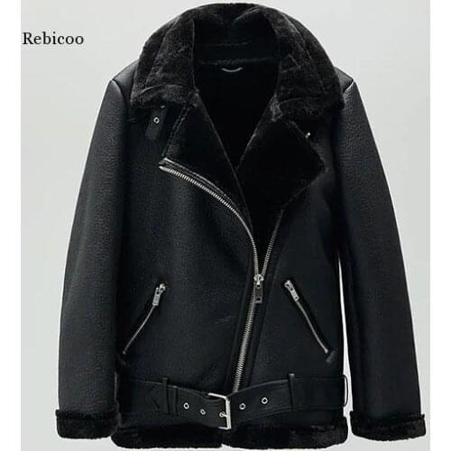 Winter Womens Sheepskin Coat Black Faux Leather Fur Turn Down Collar Female Fur Leather Thicken Warm Aviator Jackets