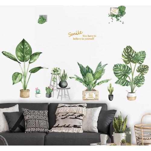 2Pcs Tropical Leaves Cactus Bonsai Wall Sticker Decal Living Room Bedroom Sofa Background Self-adhesive sticker strong stickness