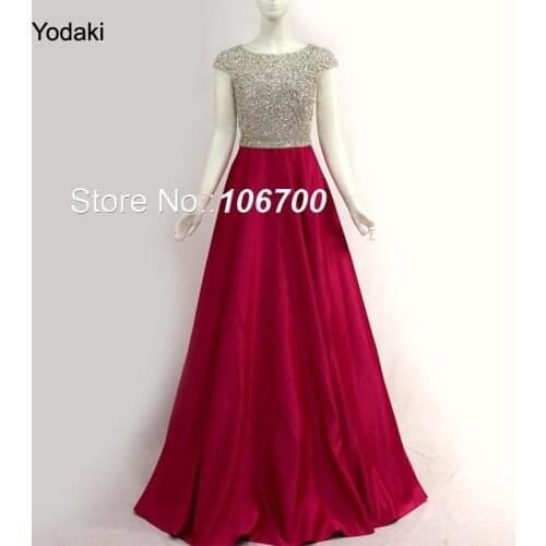 2018 Real Photos Hand Make Crystal Beading Ballgown Evening Dresses Cap Sleeves O Neck Fuchsia Colors Long Formal Prom Gowns