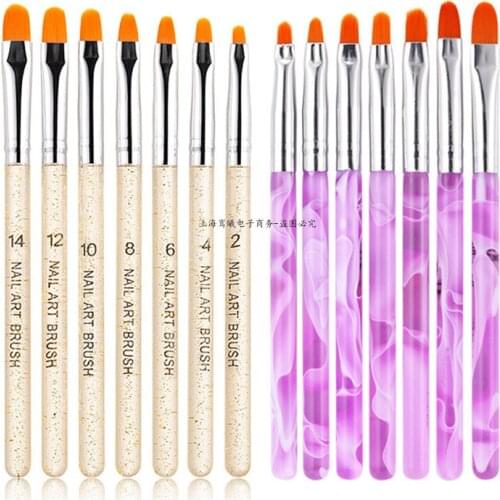 7Pcs Professional Manicure UV Gel Brush Pen Transparent /Gold /Purple Phototherapy Acrylic Nail Art Painting Drawing Brush Tools